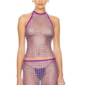 KIM SHUI 
Halter Top Purple Lavender rhinestone crystal Mesh tank Revolve Sz S